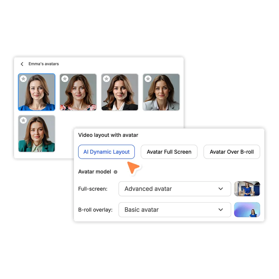 Choose a public or custom AI avatar and layout in Visla